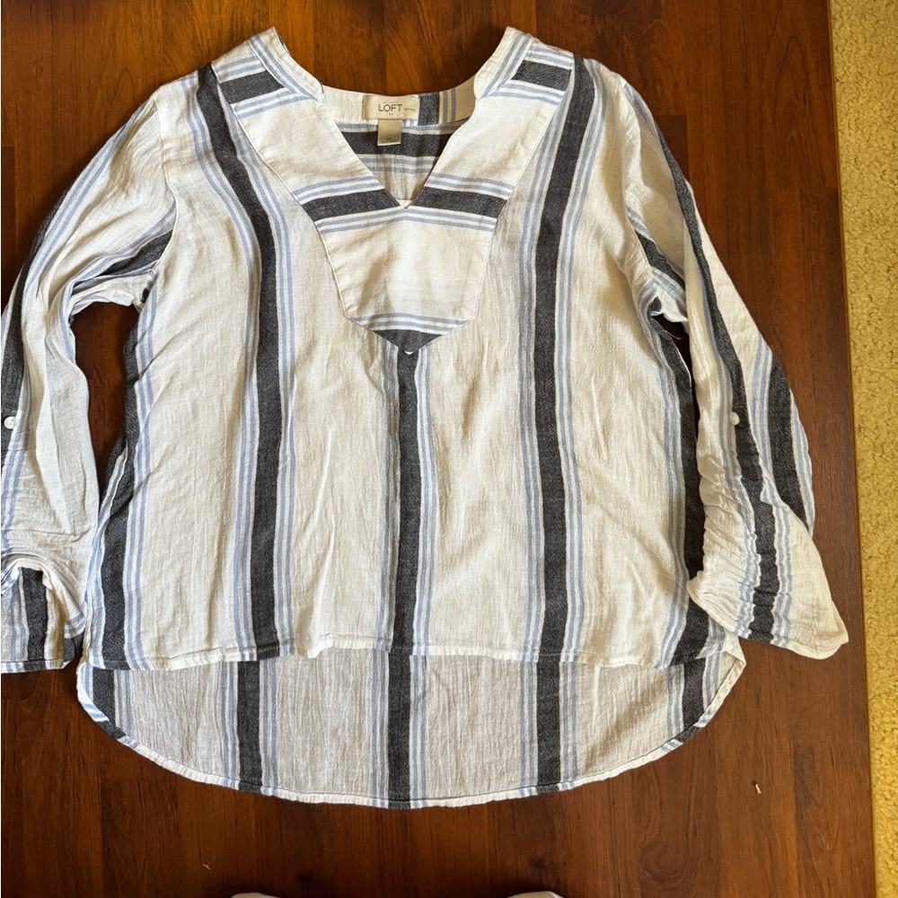 LOFT White and Blue Striped 3/4 Sleeve Bib Collar Top Gauzy Cotton Sz MP